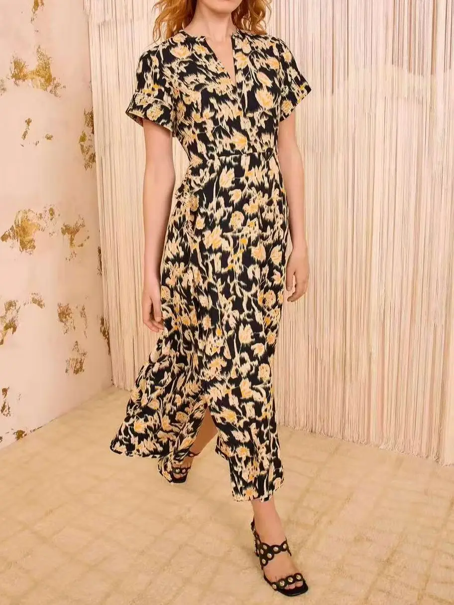 2026 Women Yellow Floral Print Long Dress V-Neck Short Sleeve High Waist Elegant Female Robe