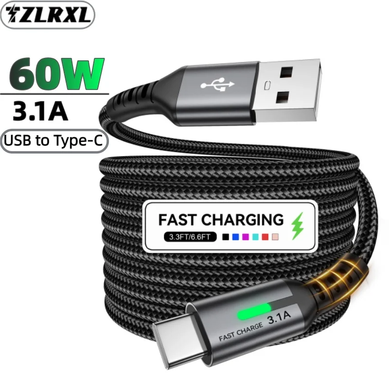 Tzlrxl 60W 1m/2m USB auf Typ-C Kabel, Schnellladung LED-Kabel für Samsung Huawei OPPO Xiaomi Android Ladekabel