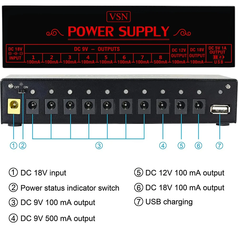 Guitar Pedal Effector Power Supply 10 Isolated DC Output 9V12V18V for Effect Pedal Separate Short-Circuit Protection VSN