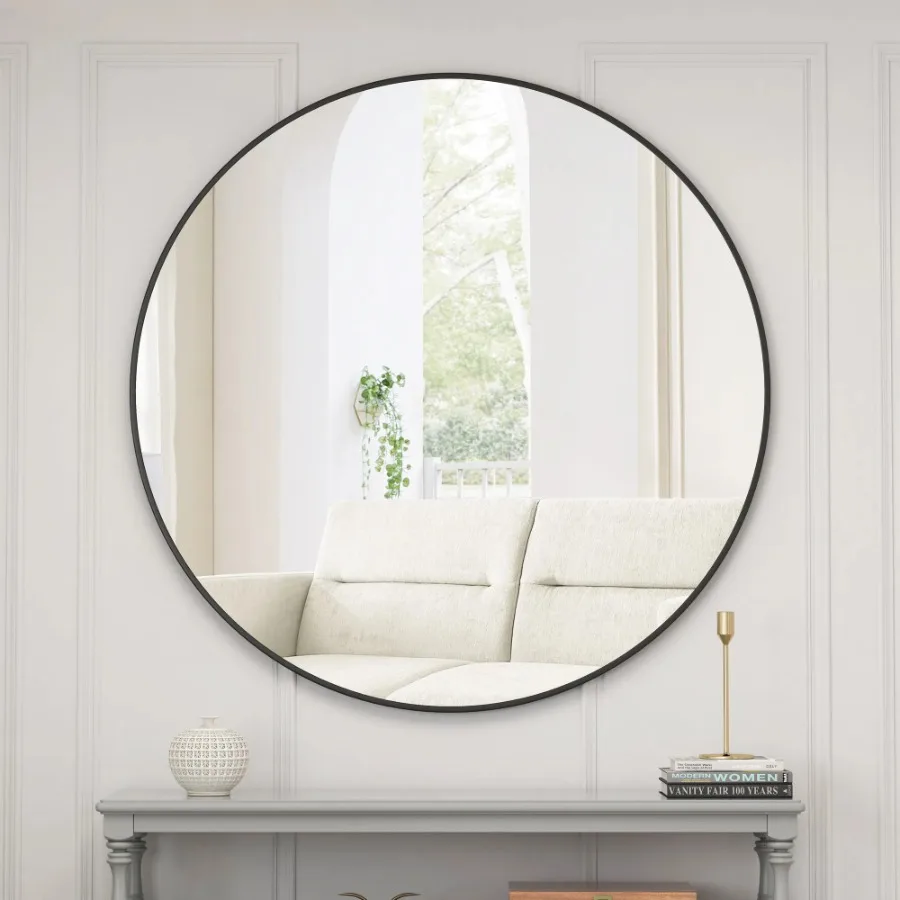 39 Inch Black Circular Metal Framed Mirror Round Vanity Dressing Mirror for Bathroom Living Room Bedroom Wall Decor