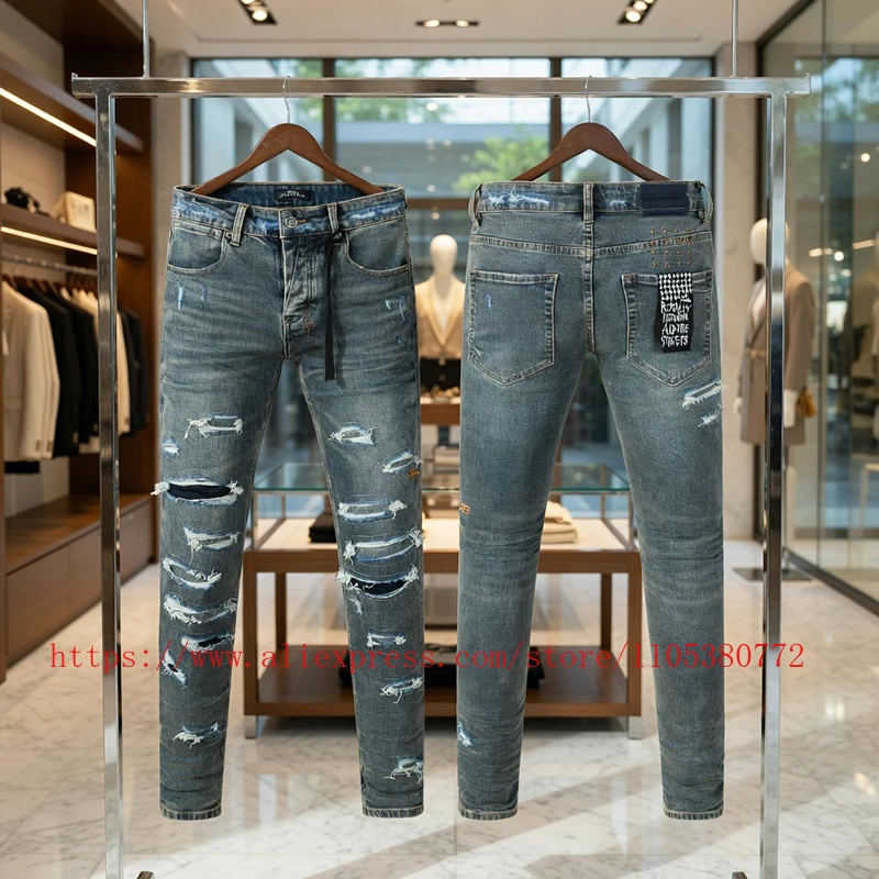 

Модные мужские синие джинсы с эффектом потертости и рваными элементами, зауженные, с нашивками, облегающие, из денима, повседневные брюки в уличном стиле, коллекция 2026 года