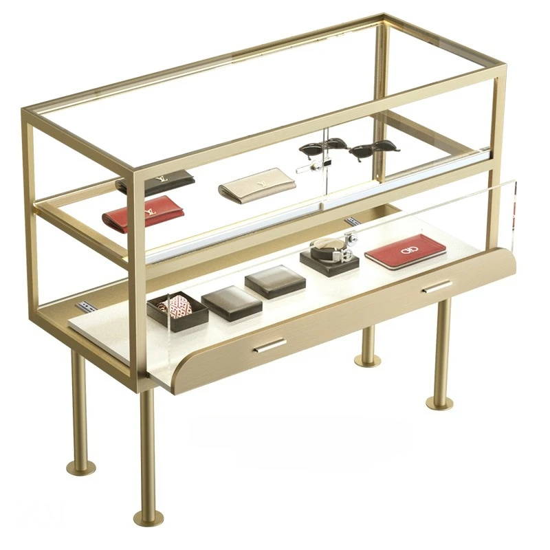 

Stainless steel gold jewelry glass counter jewelry display cabinet Wenwan jade display cabinet window sample