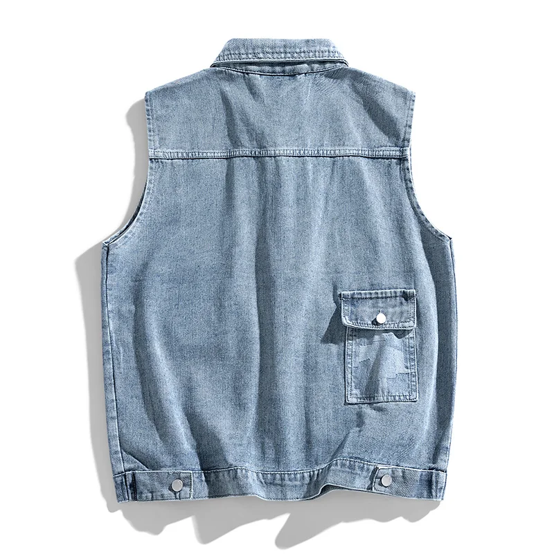 2024 New Men\'s Denim Vest Retro Fashion Motorcycle Cycling Suit High Street Trendy Casual Loose Mens Jacket  motorcycle vest