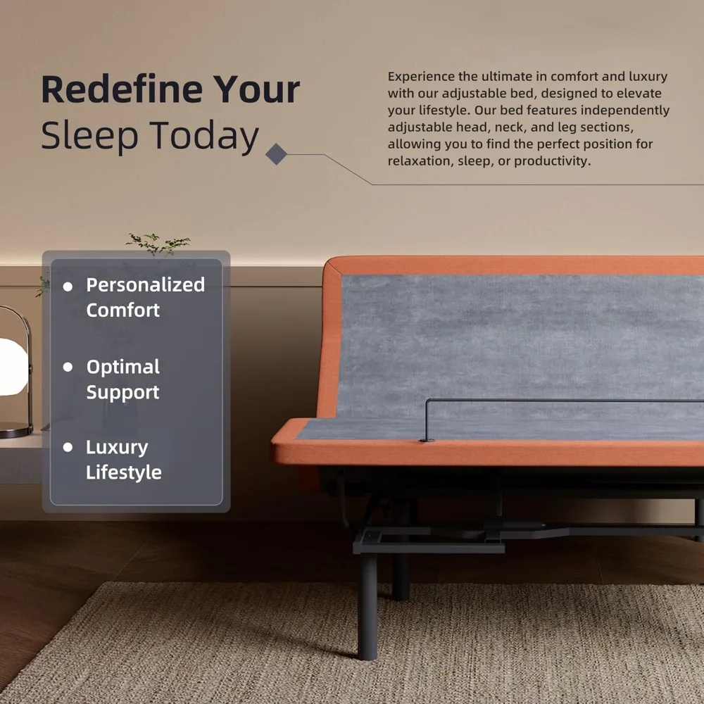 قاعدة سرير بإطار سرير قابل للتعديل مع تدليك، إمالة وسادة، مائل مريحة، انحدار الجاذبية، منفذ USB مزدوج، ضوء تحت السرير