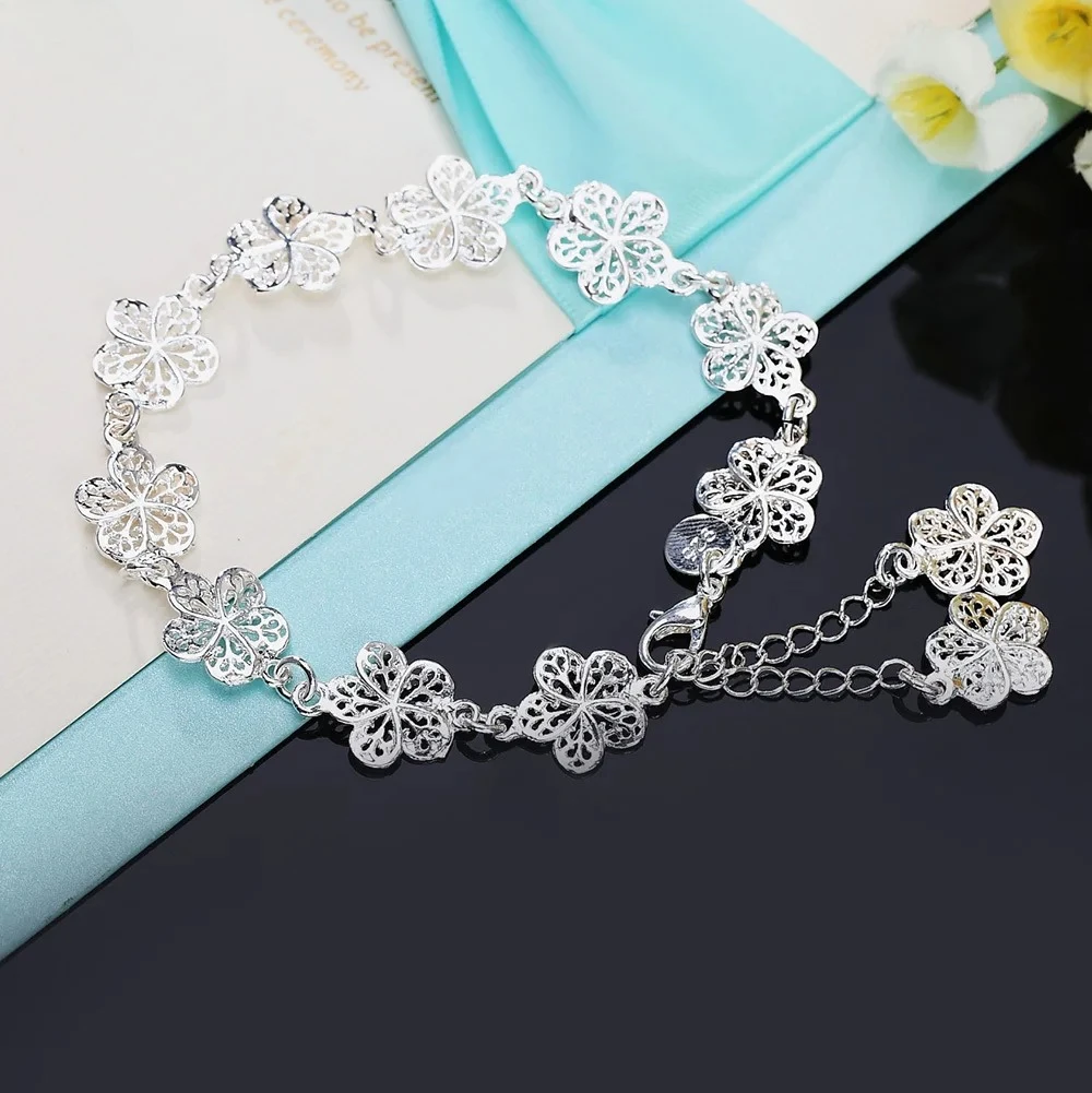 

Hot Wedding 925 Sterling Silver Bracelet Beautiful Flowers For Women Classic High Quality Fashion Jewelry Wholesale 20CM