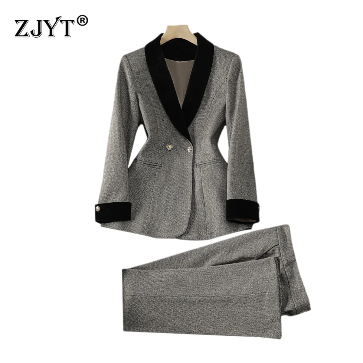 ZJYT Autumn Winter Women Blazer Set Korean Fashion Shawl Collar Jacket Long Pant Sets Two Pieces Outfit Office Lady Suit Clothes