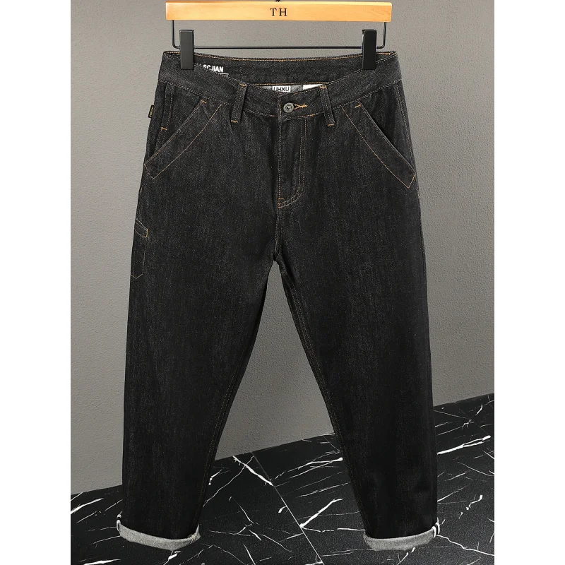 Fashionable Japanese style black jeans, men's loose and trendy street style multi pocket design, harem pants