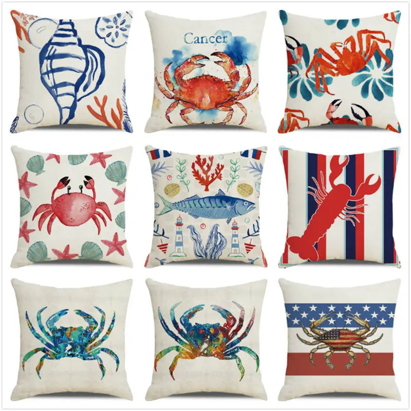 

Watercolor Marine Animal Pillow Case Lobster Crab Decorative Pillowcase Decorative Cushions for Elegant Sofa Throw Pillow Cover