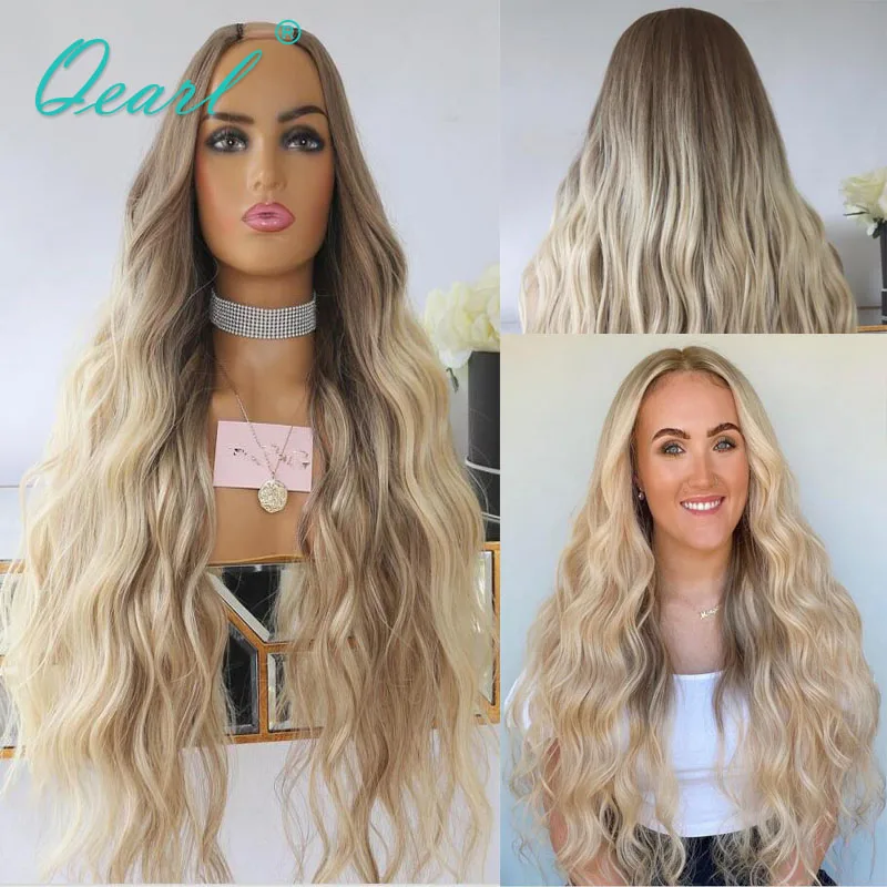 

Water Wave 200% Colored Human Hair Wig for Women Real Hairs U Part Wig 2x4 Brazilian Remy Ombre Light Blonde Glulesss Wig Qearl