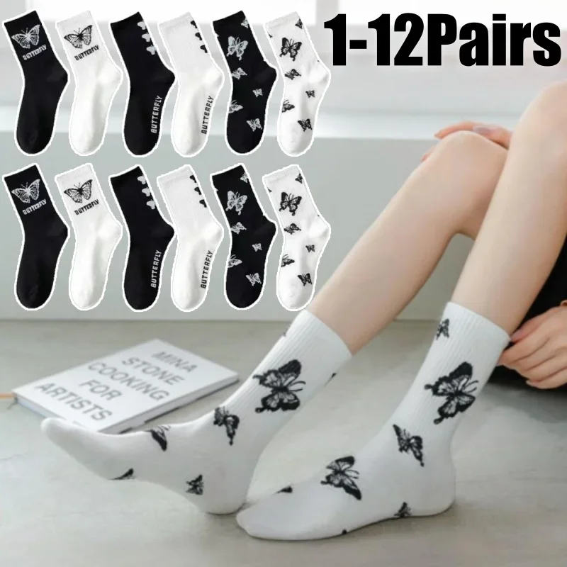 

Women Black White Butterfly Socks Cartoon Print Anti Odor Unisex Fall Winter Fashion Stretchy Comfortable Casual Long Socks