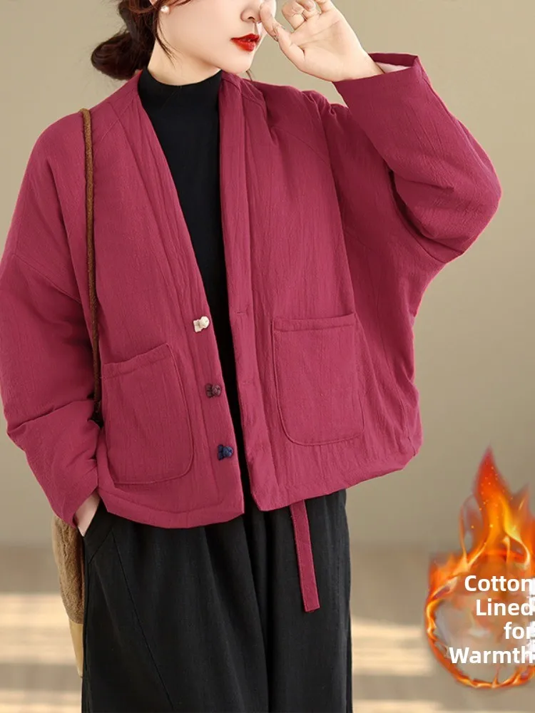 

Retro Pure Color Cotton Linen Jaet Women's Winter Small Size Slim ort Sle Button Cotton Coat ort Outerwear