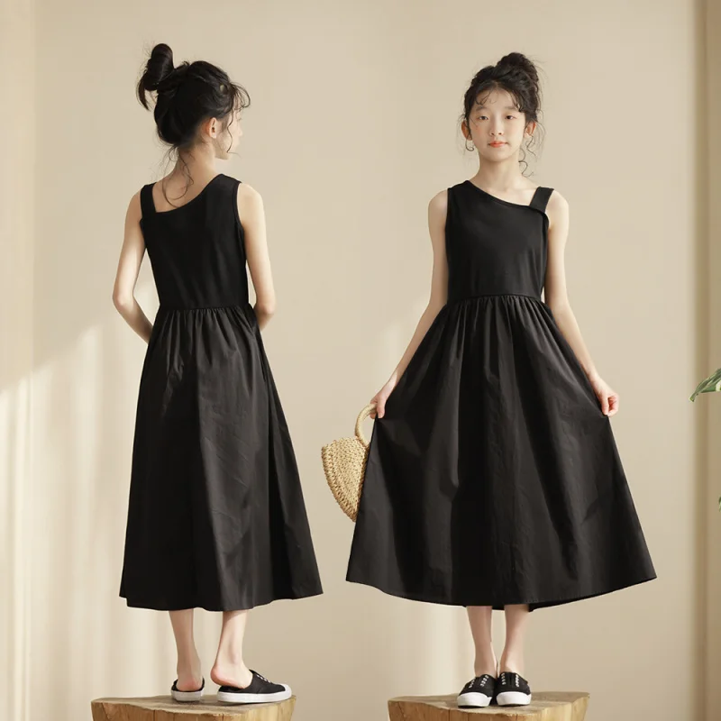 

Japanese and Korean Simple Black Hepburn Style Sleeveless Long Dress for Older Girls and Parent-Child MatchinginDelivery