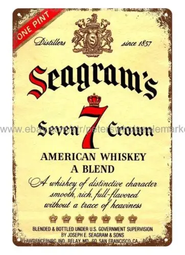 Seagram's Seven 7 Crown Whiskey brewery man cave diner metal tin sign art decor