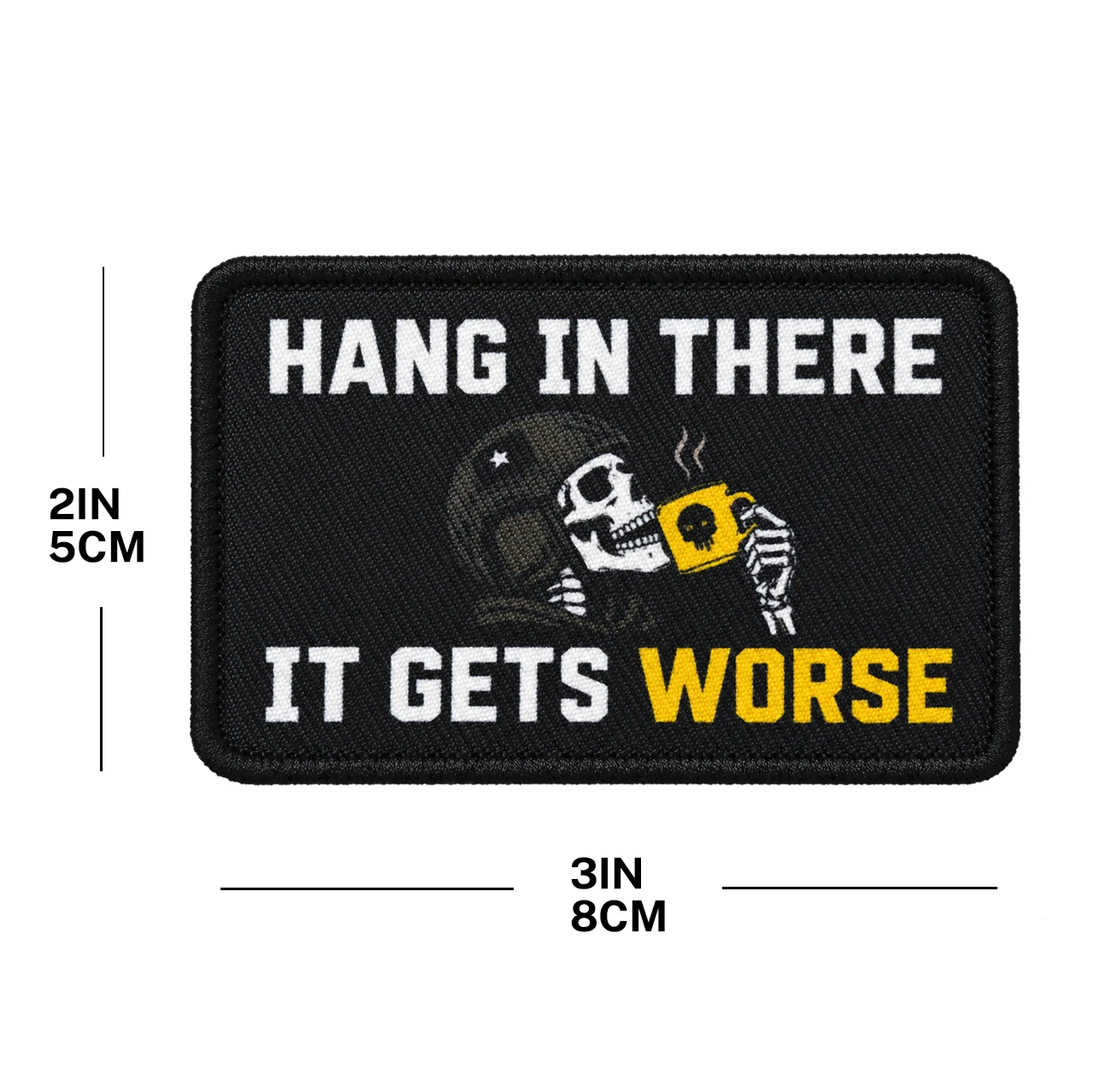 Lustiges Aufnäher-Set „Hang In There It Gets Worse“ mit Kaffeetrinkendem Skelett, Klettverschluss für Rucksäcke, Jacken – Detail 4