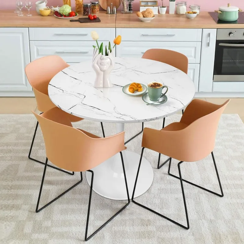 Table à manger ronde en faux marbre blanc avec socle sur piédestal, table de cuisine moderne, tulipe de loisirs du milieu du siècle, 31.5 po