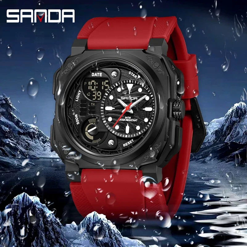 SANDA Outdoor Military Sports Men's Electronic Watch Stopwatch Alarm Clock Dual Display Multifunction Men's Quartz Wrist watch