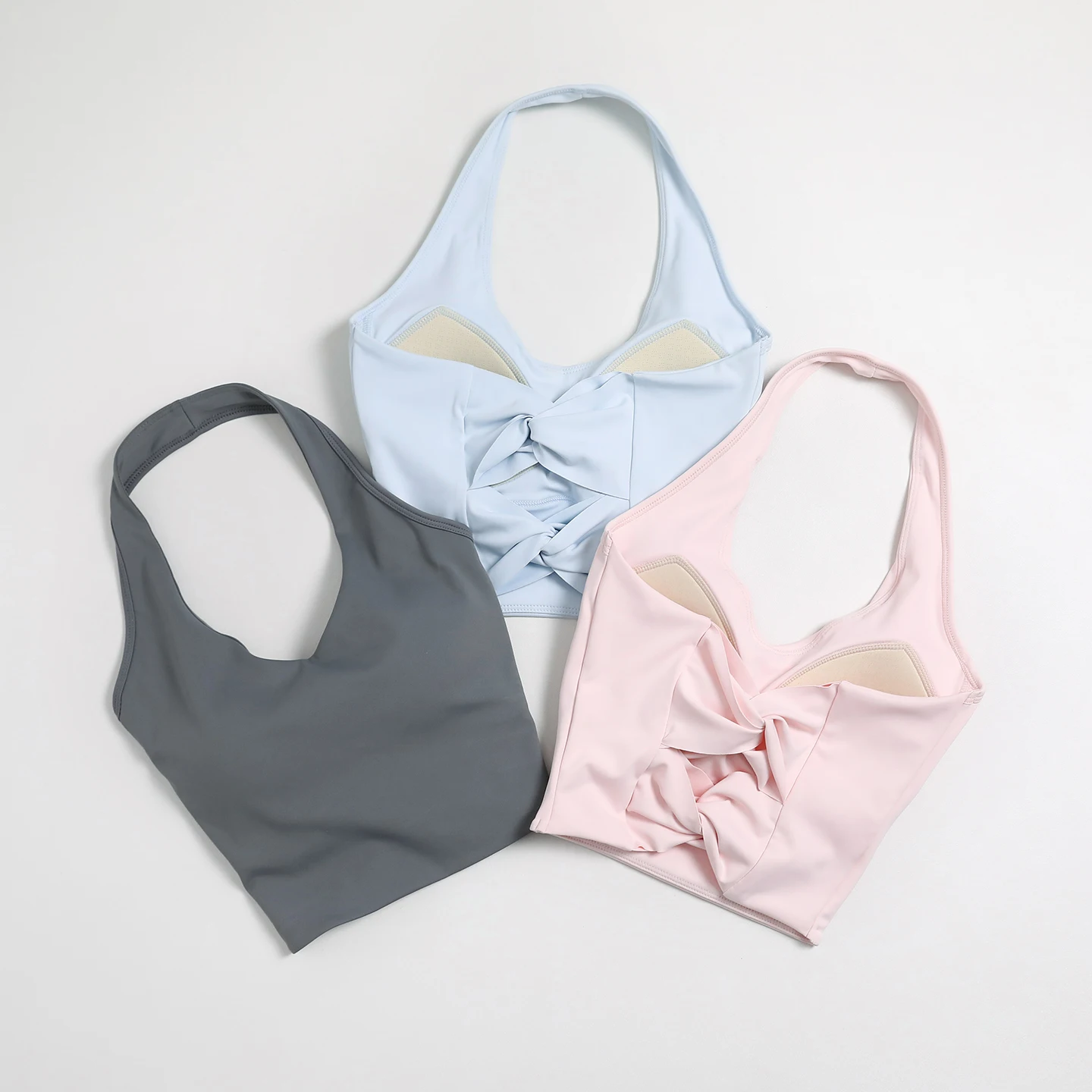 Women Halter Twist Back Crop Sports Bra Removable Pads V Neck Yoga Tank Top Breathable Fitness Running Workout Athletic Vest