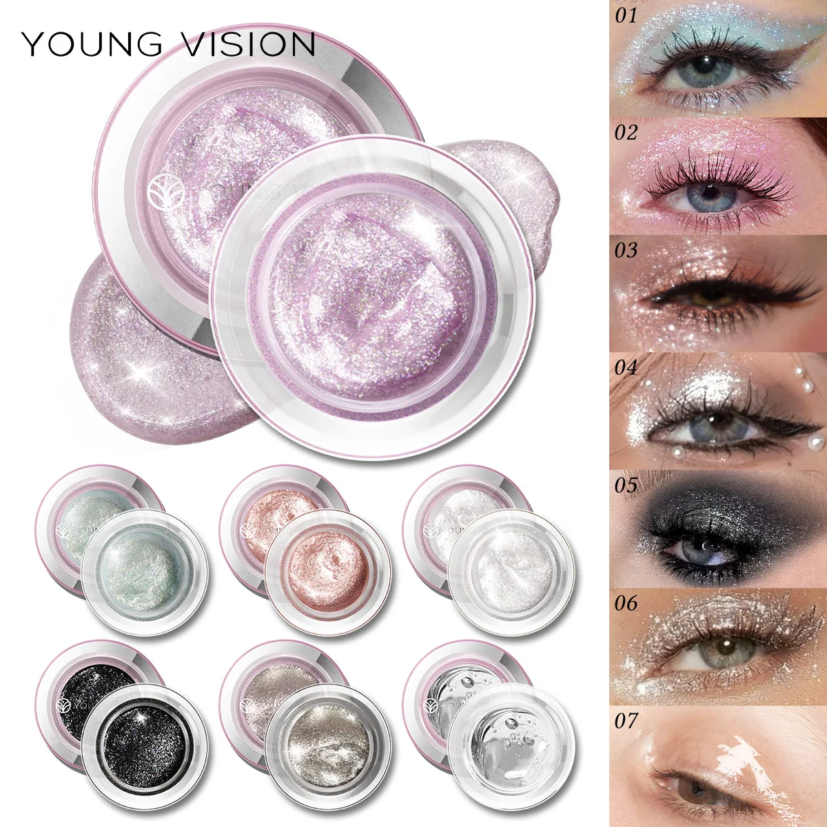 Gel Eyeshadow Set with 50Pcs Disposable Double-Ended Brushes–Creamy Jelly Texture, Shimmer Glossy Finish, Buildable Long-Lasting