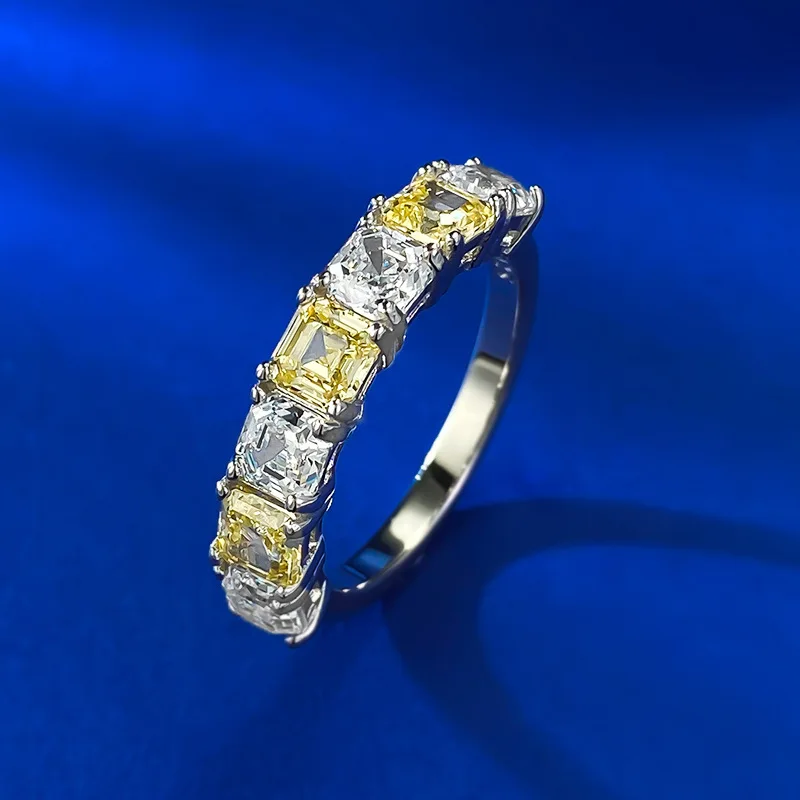 New S925 Silver Yellow White Pagoda Row Diamond Ring for Women High Carbon Diamond Layered Diamond Ring Wedding Jewelry