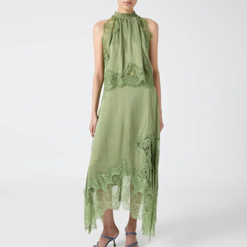 

Sexy Hollow Loose Beach Outfits Women's Clothing Sleeveless Lace Patchwork Two Piece Set Club Party Solid Color Long Skirt Suit