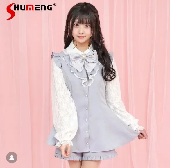 

Sc Lolita Dress Set Japanese-Style Mine Slim-Fit Bow Lace Long Sleeve Shirt Shorts Two-Piece Sets Women Rojita Culottes Outfits