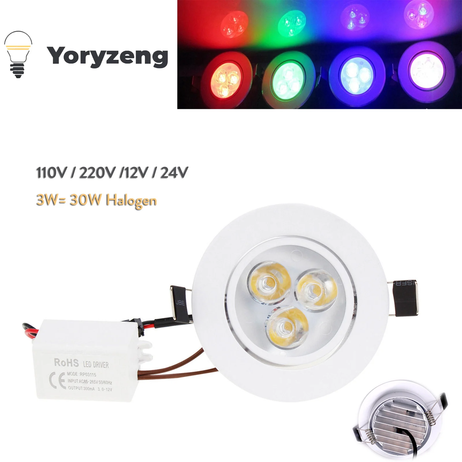 

3W Dimmable 110V 220V 12V 24V LED Recessed Ceiling Downlight Spotlight Lamps with Driver Colorful Red Yellow Blue Green Purple