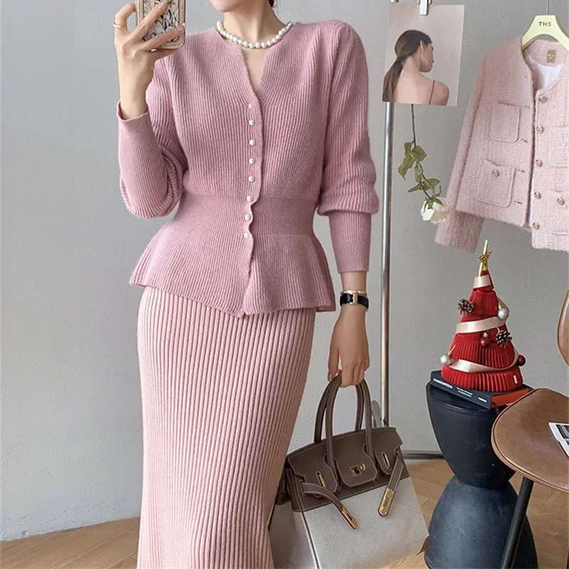 Women Knit Two Pieces Suits Button V Neck Long Sleeve Pullover + Split Slim Bodycon Skirt Streetwear Sweater Set Female Outifits