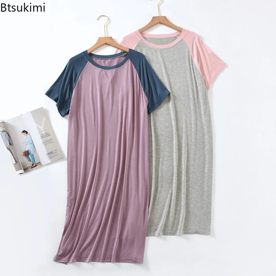 2025 Summer Modal Thin Style Color Blocked Short Sleeved Raglan Sleeve Long Robes for Women Round Neck Home Nightgown Home Wear