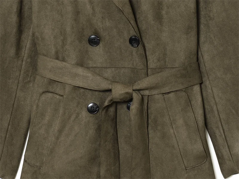 เสื้อโค้ทเทรนช์ผู้หญิง คอลเลคชั่นฤดูใบไม้ร่วง 2025 สไตล์ใหม่ สีเขียวทหาร แขนยาว ผ้าหนังกลับเทียม แต่งเข็มขัด  โค้ทยาวทันสมัย