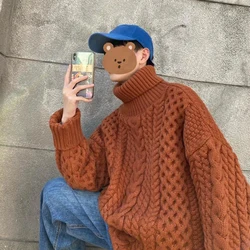 Autumn Winter Men Turtleneck Sweater Vintage Twist Thicken Knitted Couples Clothes Harajuku Fashion Oversized Pullover Keep Warm