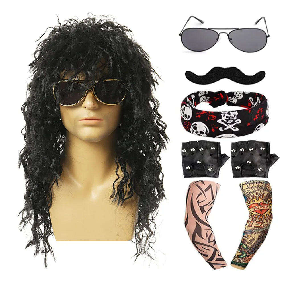 Peluca de Cosplay Retro para hombres Punk Rock Headgear, accesorios de rendimiento de Mascarada, accesorio de peluca ondulada de pelo largo, disfraz de Halloween, 80s