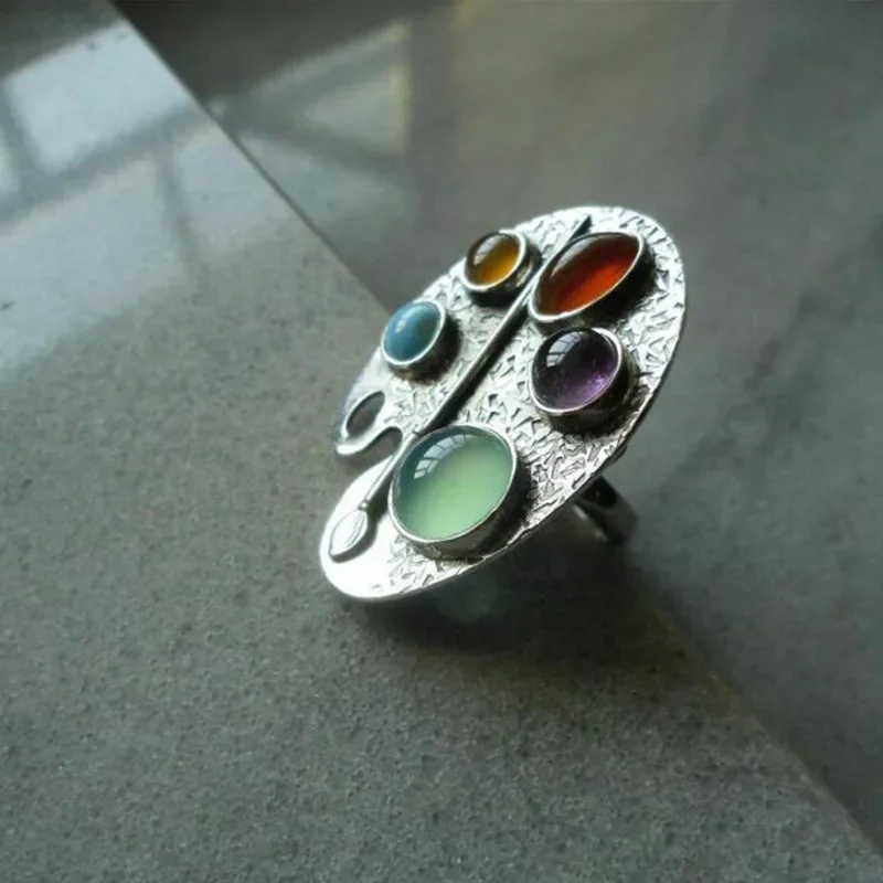 Creative Geometry Silver Color Metal Oval Inlaid Colored Stones Women Rings Vintage Die-casting Pattern Party Adjustable Ring