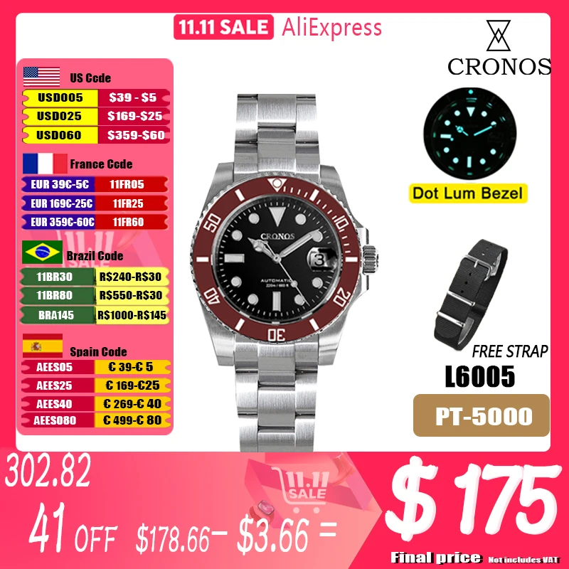 Cronos Sub Diver Men Watch Stainless Steel PT5000 Bracelet Ceramic Bezel 200 meters Water Resistant Glideclasp L6005 V3 Watches