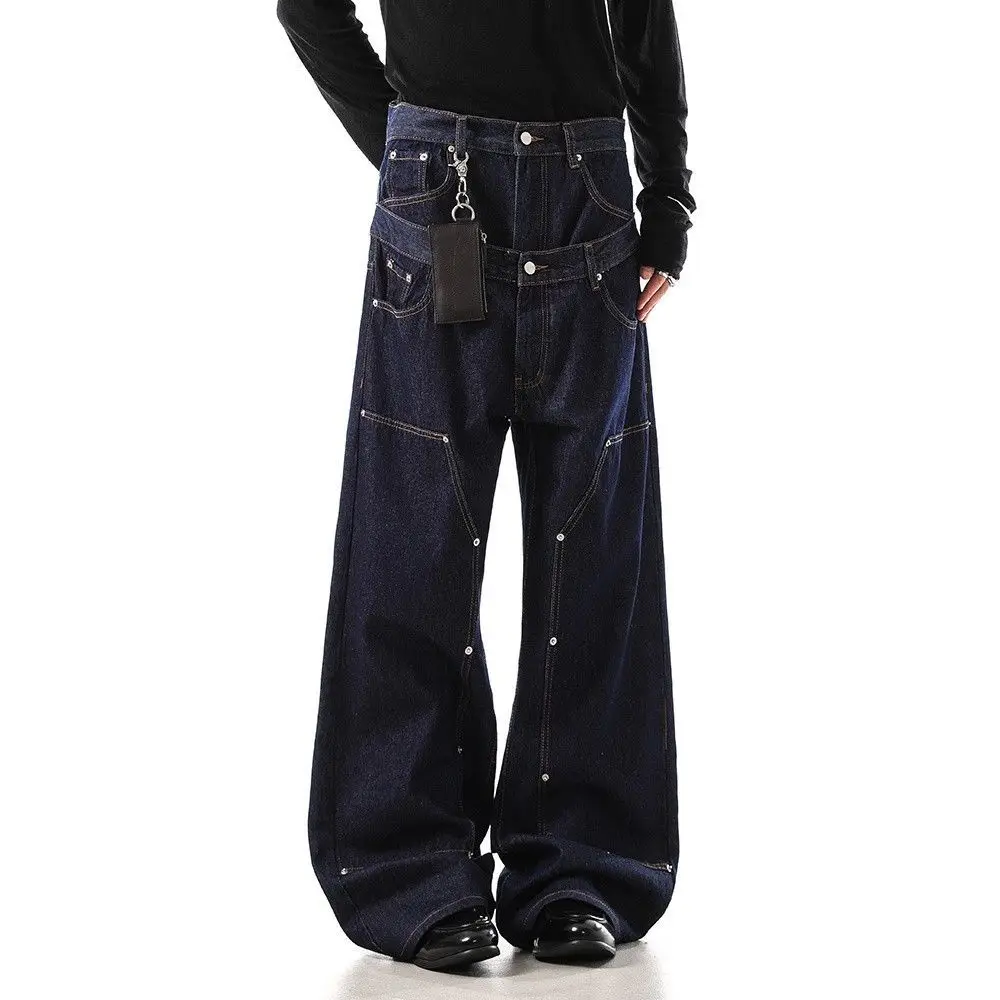 Men's Retro Rivets Fake Two-piece Jeans Spring Trousers Street Style Hip-hop Sweatpants Cool Boys Bottoms Male High Waist Pants