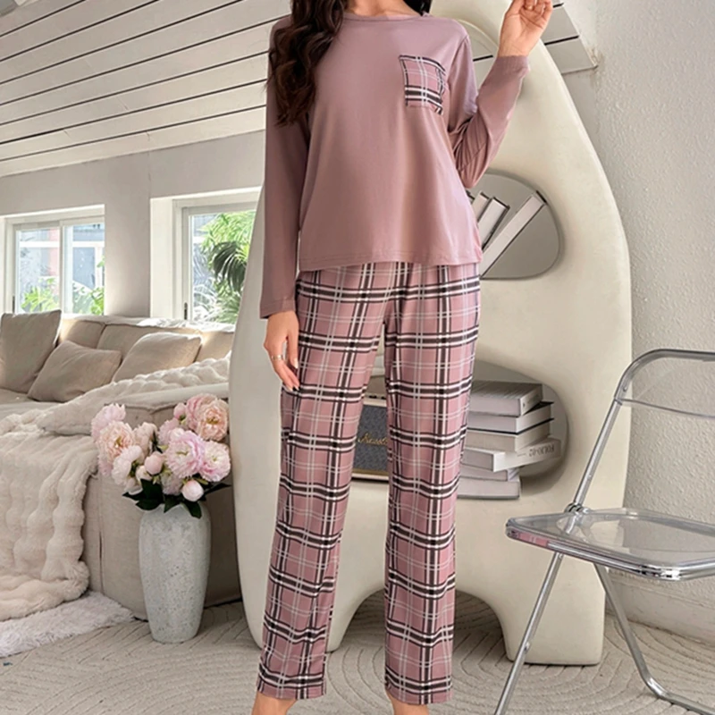 Women Pajamas Long Sleeves Plaid Pants Pajama Sets Autumn Winter Milk Silk O-neck Woman Loungewear Girls Nightwear