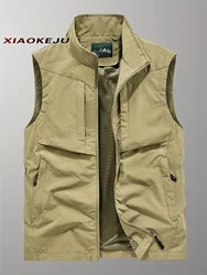 Summer Vest Men's Leather Multi-pocket Sleeveless Jacket Work Wear Mesh Camping Clothing Hunting Tactical Coat 8XL