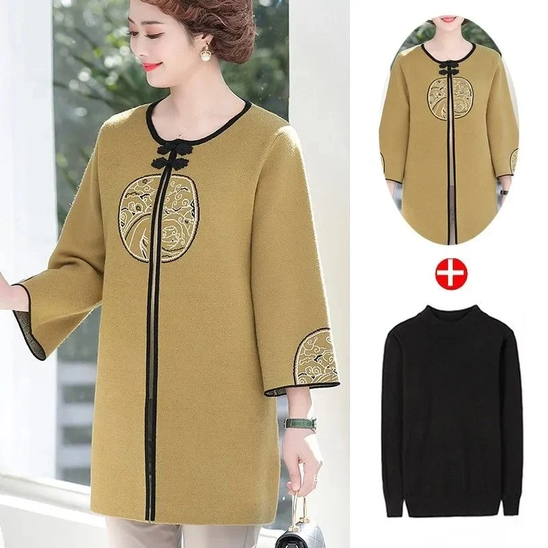 Korean Mom Round Neck Sweater Cardigan Spring Autumn Female Large Size 4XL Windbreaker Knitwear Lady Embroidery Trench Knitting