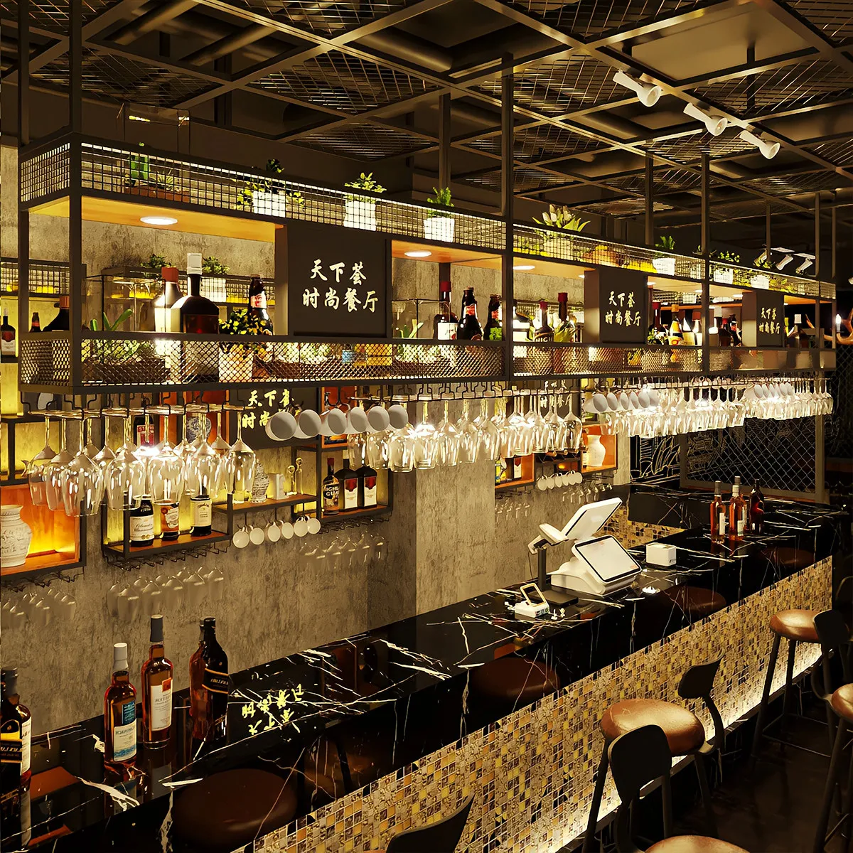 Bar counter wall cabinets, storage racks, restaurant iron wrought industrial style decoration, upside-down wine cup hanging wine