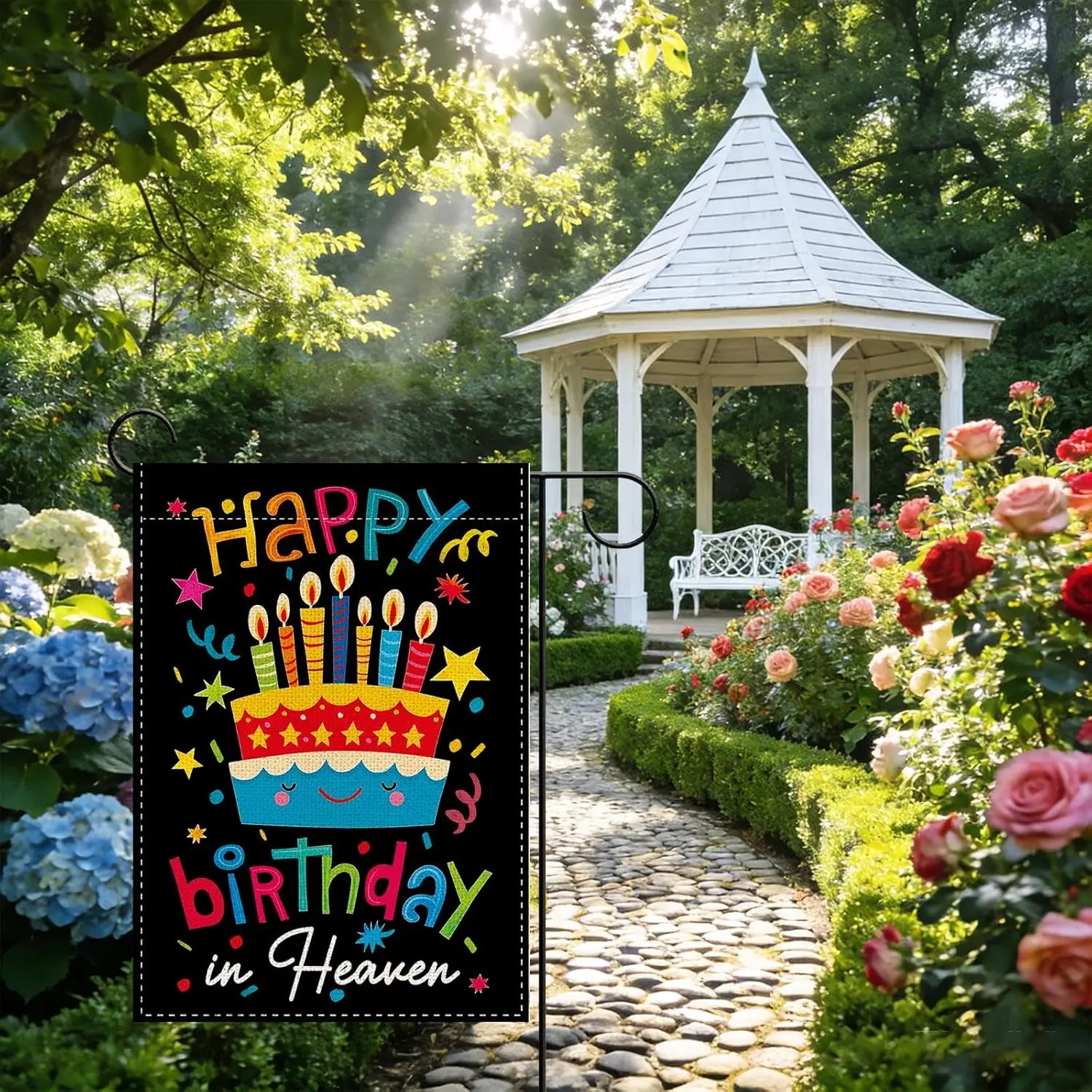 Memorial Happy Birthday in Heaven Cake Decorative Garden Flag, Colorful Ribbons Funeral Small Yard Outside Decoration Sympat AAS