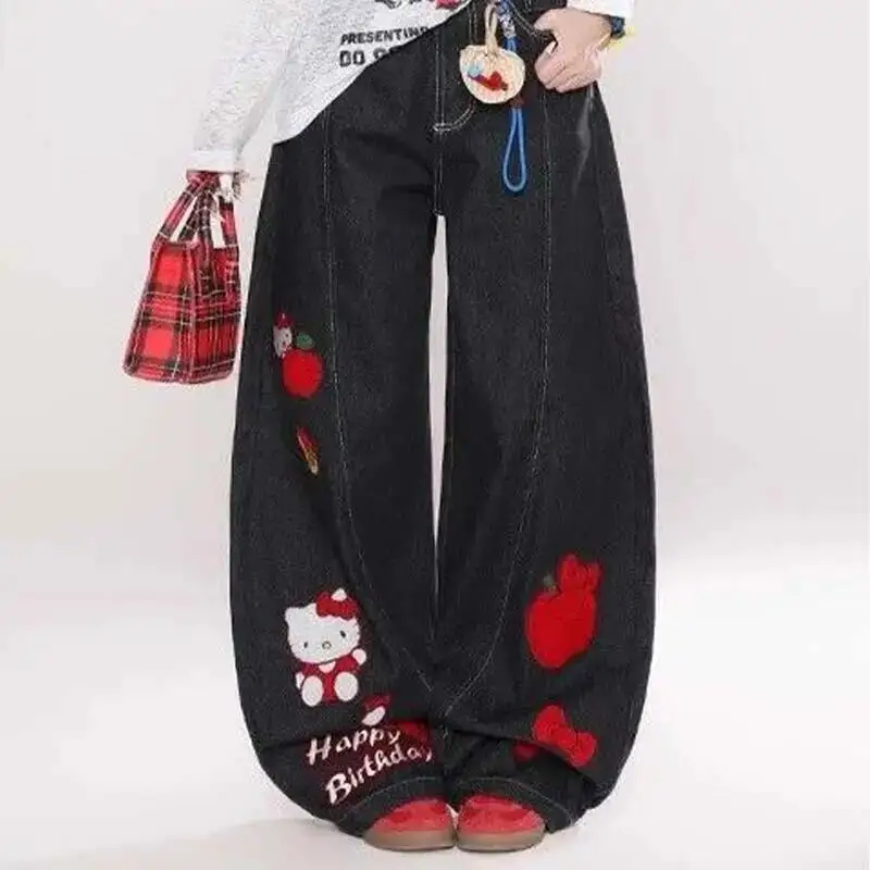 Hello Kitty Embroidered Jeans Women's Loose Wide Leg Pants Spring Autumn Fashion Student Girls High Waist Casual Pants Cartoon ﻿