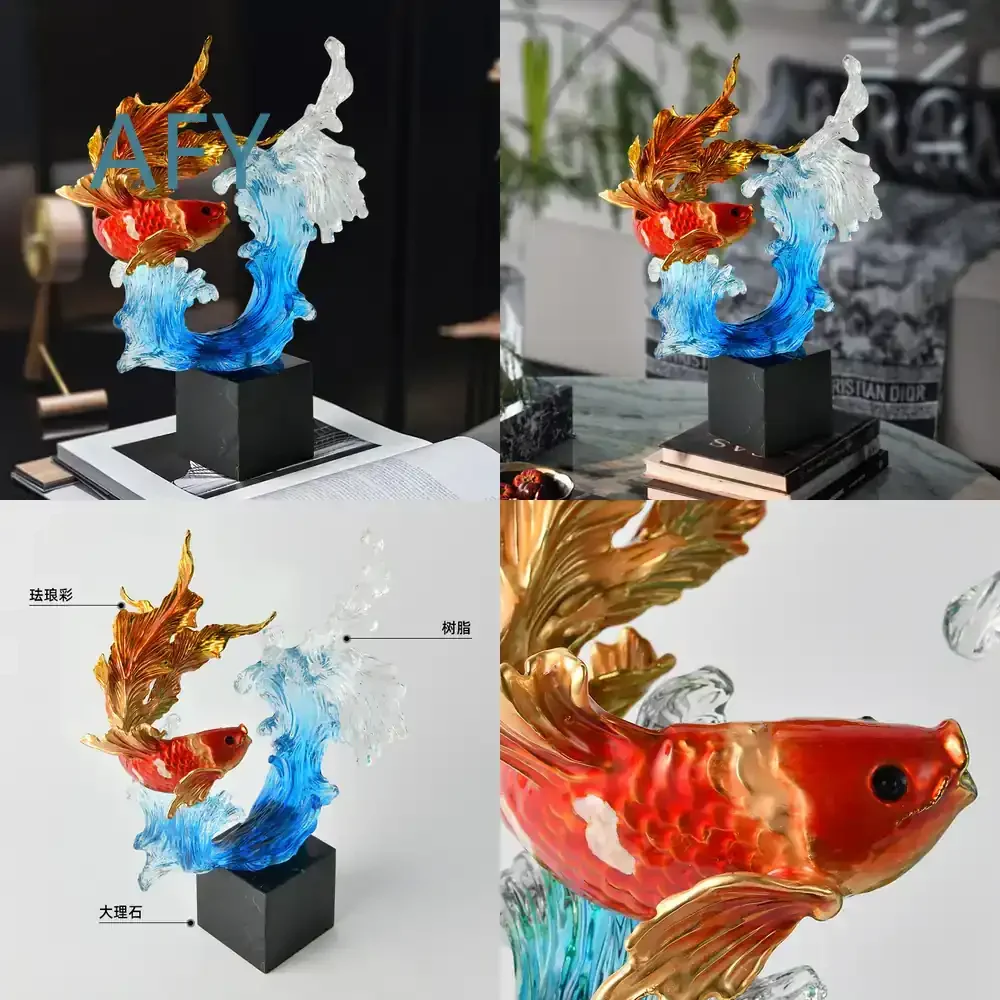 Lucky Koi Feng Shui Enamel Decoration for New Chinese Style Office Bar Cabinet Display Opening Gift