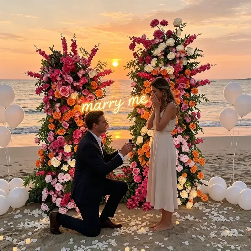 Bright Hot Pink Orange White Two-Piece Vertical Trailing Artificial Floral Runner Wedding Arch Backdrop Wall Flower Swag