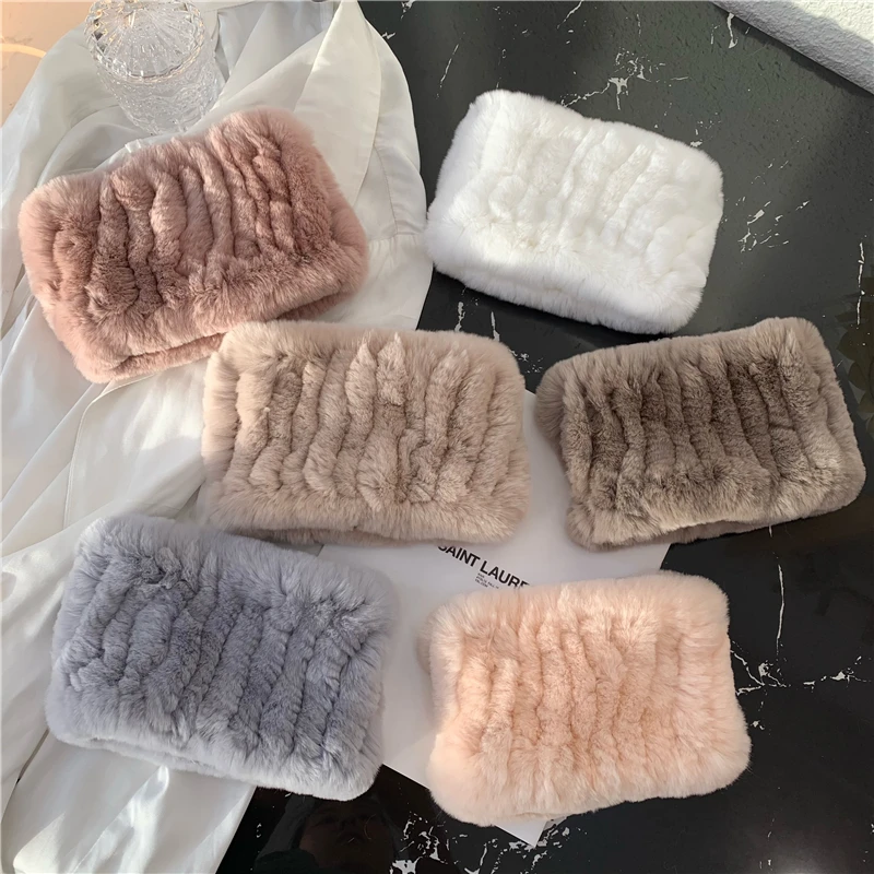 Women Handmade Stretch 100% Real Rabbit Fur Scarf Knit Genuine Rex Rabbit Fur Headbands Girls Natural Rabbit Fur Ring Scarves