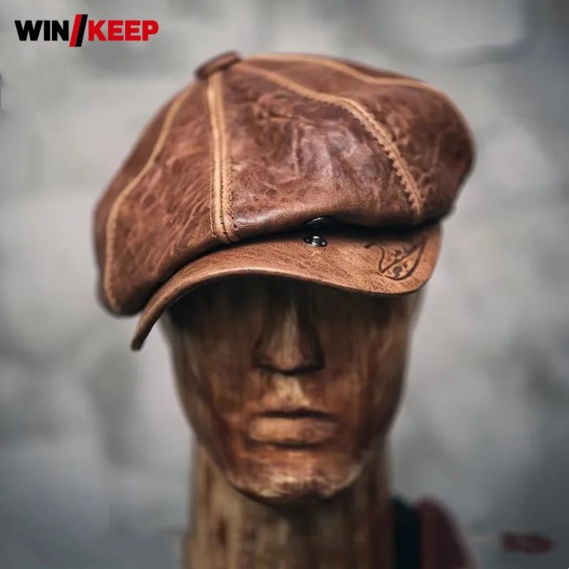 

British Mens Motor Biker Beanies Sheepskin Real Leather Octagonal Hats New Women Winter Military Cap Boina Chapeau Retro Hat