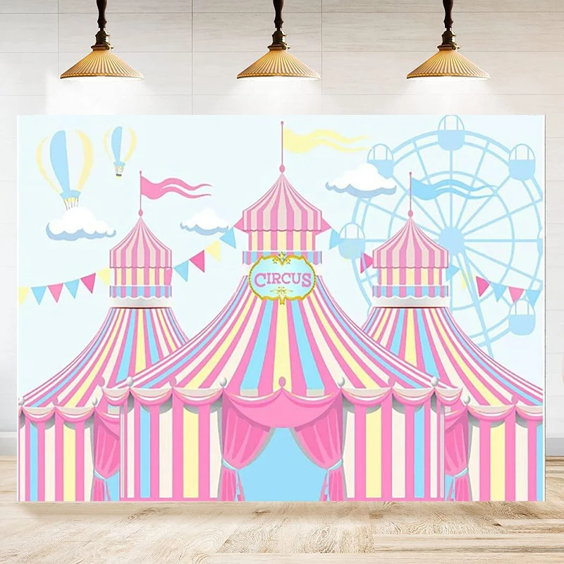 

Photography Backdrop Pink Circus Carnival Carousel Tents Ferris Hot Air Balloon Party Dessert Candy Decor Shoot Banner