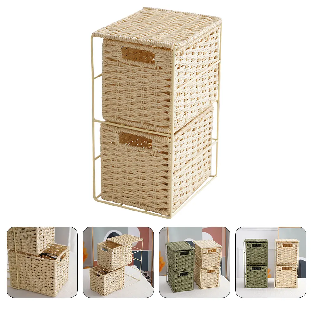Simulated Rattan Dual-Layer Sundries Basket Sturdy Home Storage Container Organizer Small Drawer Small Storage Drawers