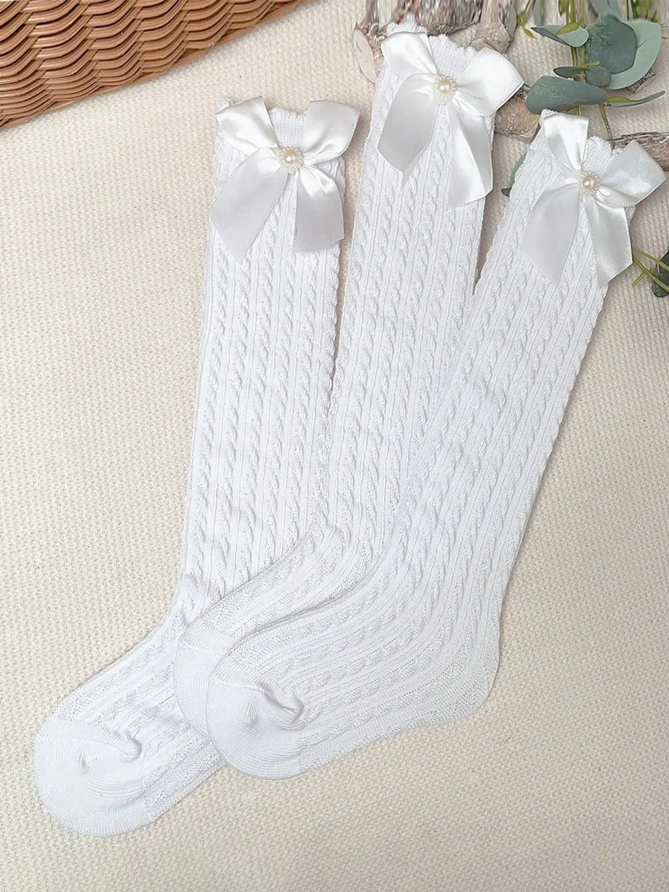 

3 Pairs White Cable Knit Thigh High Socks with Satin Bow & Pearl, Lolita Style for Girls & Women