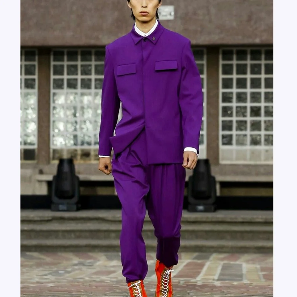 Fashion Purple Suits For Men Classic Fit Stand Collar Front Flat Formal Set High Street Model Show Prom Male Clothing Casual