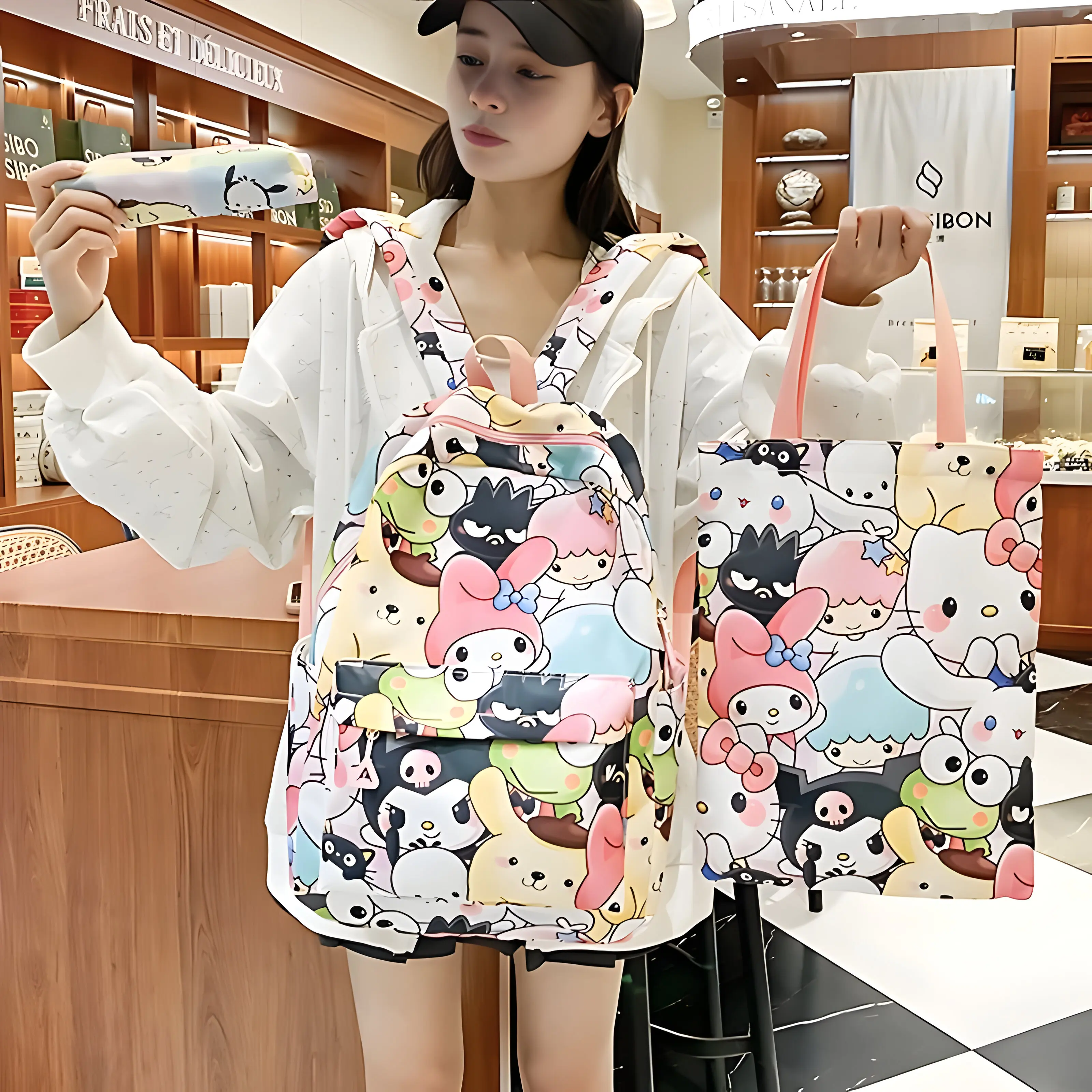 3pcs Hello Kitty Sanrio Backpack Set, Kuromi Tote Shoulder Handbag, Casual Outdoor Daypack with Pencil Bag