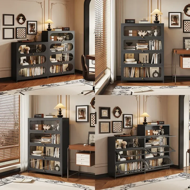 For Steel Bookcase with Glass Door Antique Wrought Iron Display Cabinet Dust-proof Children's Bookshelf Home Living Room